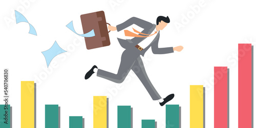 Businessman escaping from inflation.  Economic market bar chart. Vector illustration.