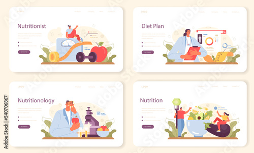 Nutritionist web banner or landing page set. Nutrition therapy with healthy