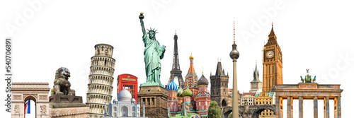 Valokuvatapetti World landmarks and famous monuments collage isolated on panoramic transparent b