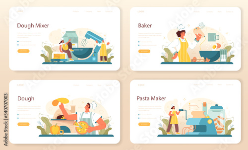 Pasta maker web banner or landing page set. Baker cooking italian