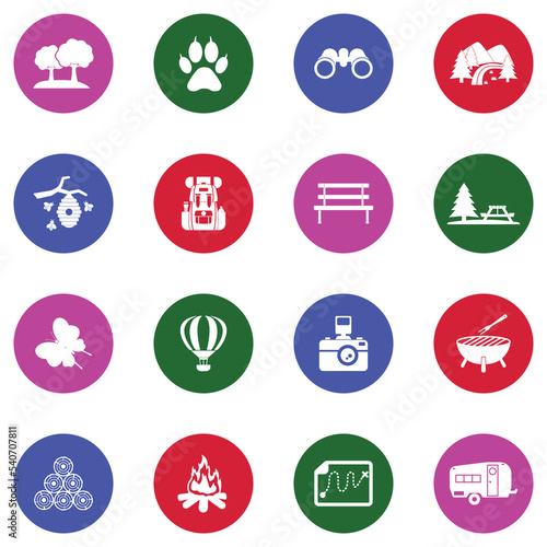 Nature Park Icons. White Flat Design In Circle. Vector Illustration.