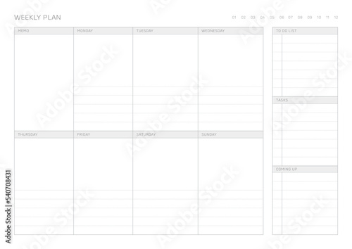 A weekly plan design template in a modern, simple, and minimalist style. Note, scheduler, diary, calendar, planner document template illustration.