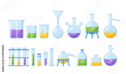 Set Of Laboratory Glassware Isolated On White Background. Graduated Lab Tube, Beaker And Flask Filled With Liquids