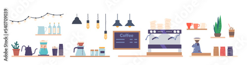 Set Of Coffee House Equipment And Barista Tools. Menu Chalkboard, Coffee Machine, Shelf With Bottles, Cup, Mug And Lamps