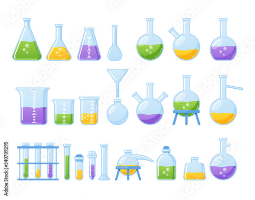 Set Of Laboratory Equipment Glass Flask, Beaker And Other Chemical And Medicine Measuring Glassware. Lab Testing Tools