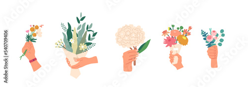 Set Of Male Hands Giving Flower Bouquets Isolated On White Background. Gift For Holiday, Man With Blossoms, Romance