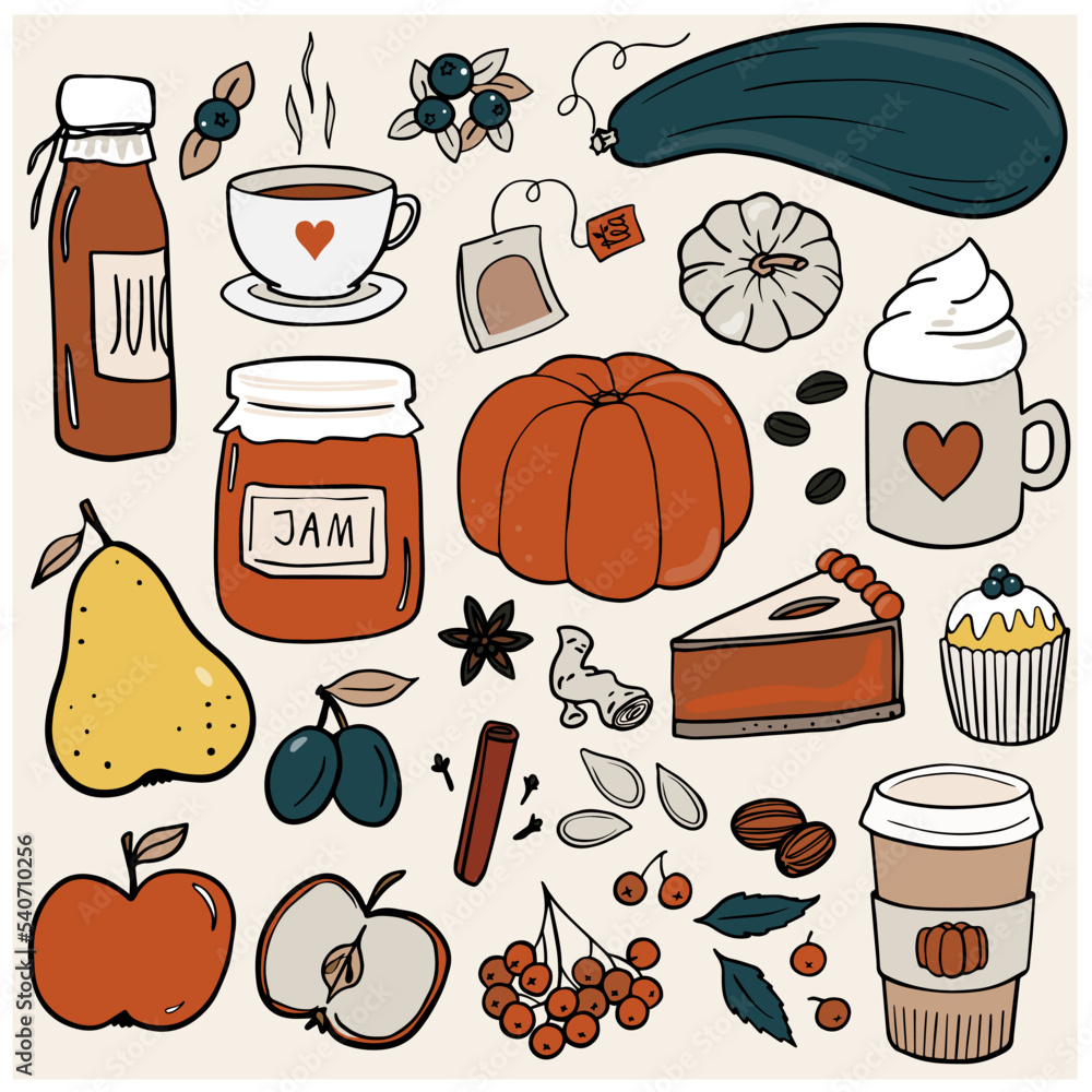 Fall Autumn Yummy Doodle linear outline colorful vector seasonal illustration set for web digital projects and bullet journal isolated on light background