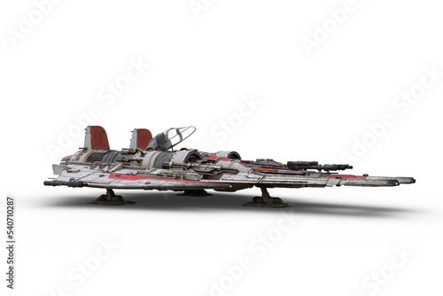 Fototapeta Naklejka Na Ścianę i Meble -  3D rendering of a science fiction fantasy fighter jet powered space ship parked on the ground isolated on a transparent background.