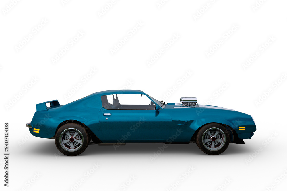 Side view 3D rendering of a blue and white 1970s retro American muscle car isolated on a transparent background.