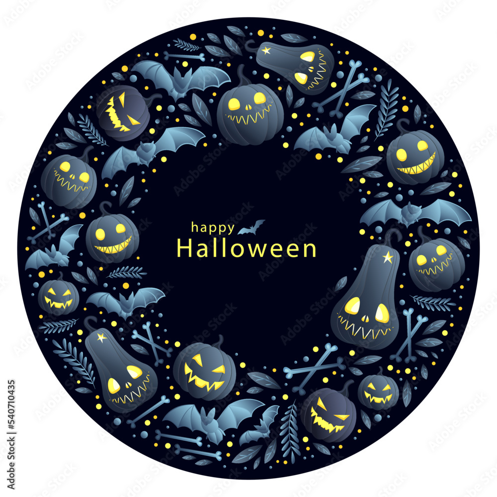 Fototapeta premium Background for Halloween with elements arranged in a circle: pumpkins, bats, crossbones and leaves. Pumpkin lanterns are gray with yellow eyes. Happy Halloween. Mockup for your text