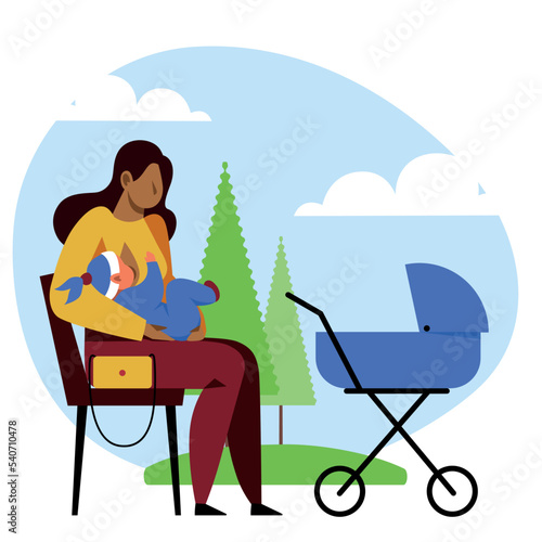 An image of a mother feeding a baby with her breast outdoors
