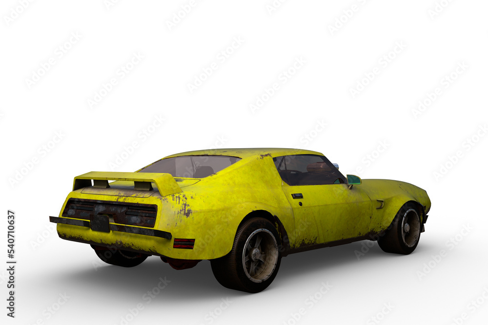 Rear perspective 3D rendering of an old yellow retro American muscle car isolated on a transparent background.
