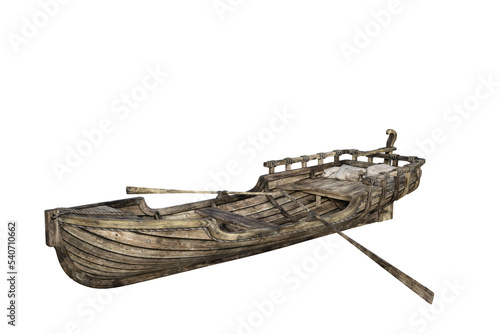 3D illustration of an old wooden rowing boat with oars isolated on a transparent background.