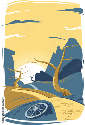 Lonely road over hills in desert landscape with mountains and sunset in flat cartoon style. Vector illustration of Wildlife Park Canyon somewhere in America