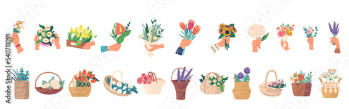 Set Of Flower Bouquet Icons, Chamomile, Gerber And Tulip, Sunflower, Lavender In Hands And And Decorative Baskets
