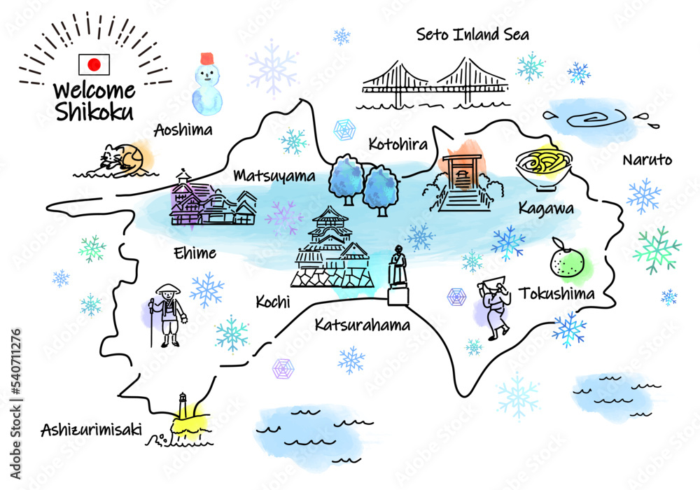 Naklejka premium 冬の四国の観光地のシンプル線画イラストマップ