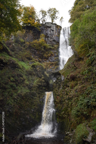 the tall Pistyll Rhaeadr waterfall in north wales from the bottom of it