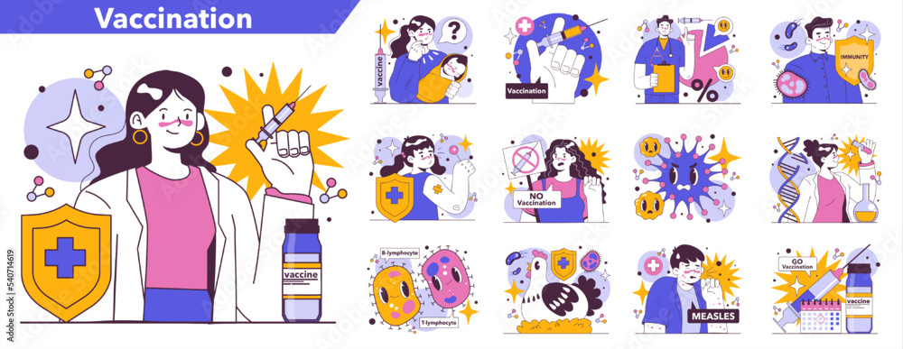Vaccination concept set. Idea of vaccine injection for protection from virus. Vaccination concept set. Idea of vaccine injection for protection from virus.