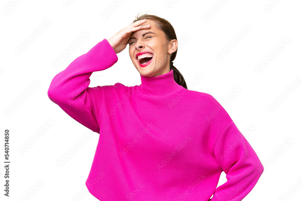 Young caucasian woman over isolated background smiling a lot Young caucasian woman over isolated background smiling a lot