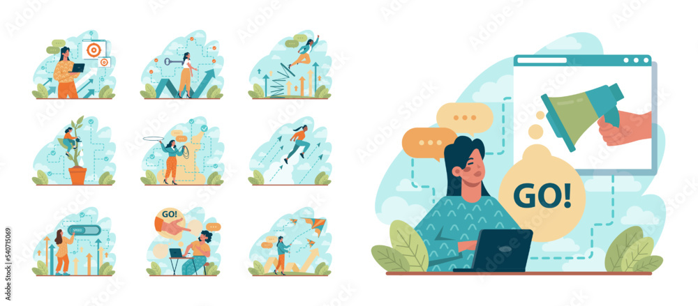 Boost up concept set. Mental growth and improvement or career Boost up concept set. Mental growth and improvement or career