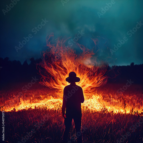 3d rendering of evil supernatural man standing in front of a fire burning in a field