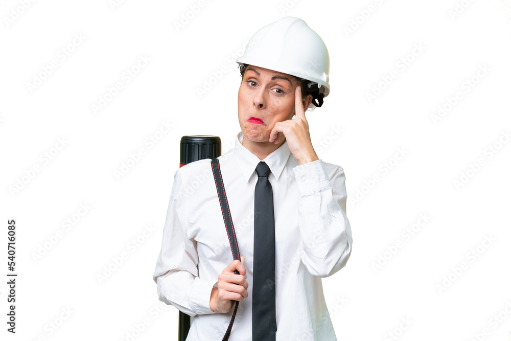 Young architect woman with helmet and holding blueprints over isolated background thinking an idea Young architect woman with helmet and holding blueprints over isolated background thinking an idea