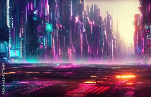 Cyberpunk 3D illustration of abstract futuristic cityscape. City of the future at bright multicolored neon night. Neon Haze. Night urban landscape. © Valeriy