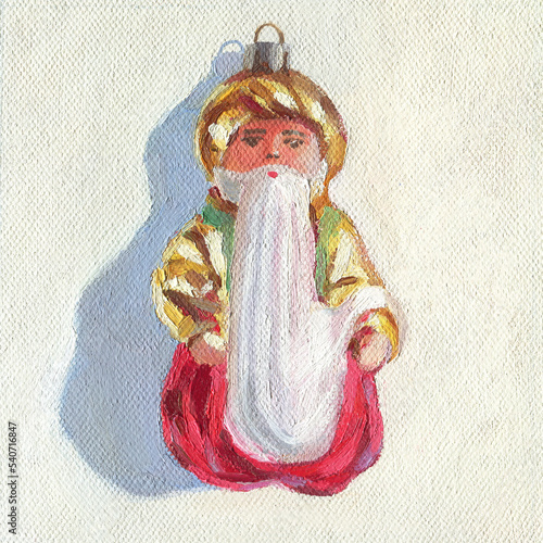 Retro Christmas Poster. Christmas oil painting. Soviet Christmas tree toy Old Man Hottabych. Gin from the lamp