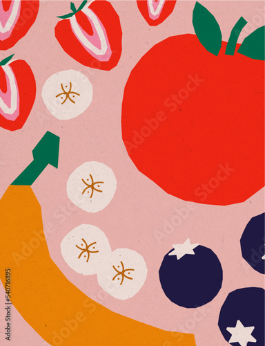 A Colorful Vectorized Cubism Inspired Fruity Smoothie Bowl Illustration. Colorful Geometric-Shapes Fruit.. Vector Drawn Illustration.