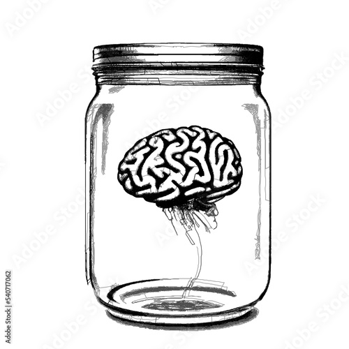 Human brain in a jar. Doodle sketch. Vector illustration. Isolated on white background.