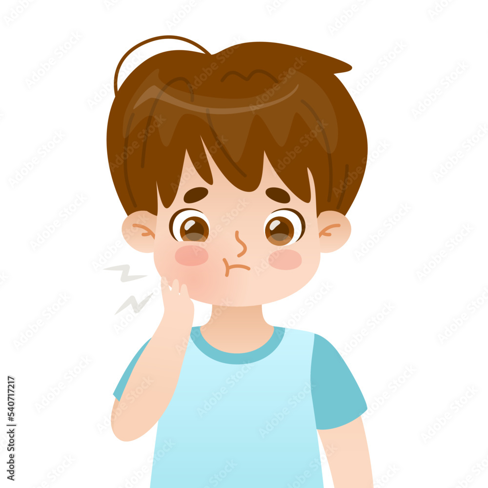 Kid with toothache and swollen cheek. Sad cartoon boy with dental pain. Upset child holding on to an ache tooth. Kid with toothache and swollen cheek. Sad cartoon boy with dental pain. Upset child holding on to an ache tooth.