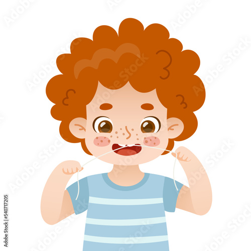 Flossing cartoon kid. Cute baby boy using dental floss. Adorable close up flossing child.