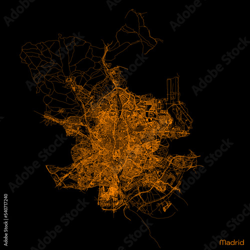 Madrid city map with roads and streets, Spain. Vector outline illustration.