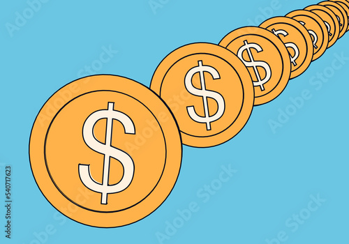 Row of drawn dollar coins in cartoon style on a blue background.