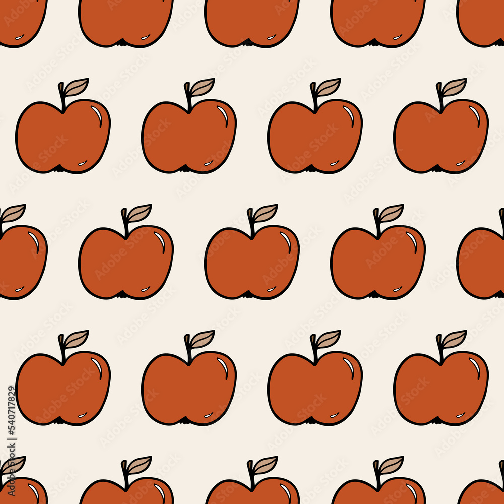 Yummy Doodle linear colorful vector hand drawn red apples in horizontal rows fall autumn seasonal seamless repeat pattern on light background