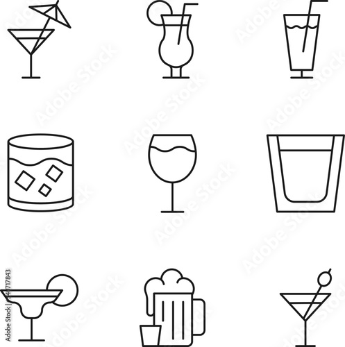Collection of isolated vector line icons for web sites, adverts, articles, stores, shops. Editable strokes. Signs of cocktail, wine, beer, beech and holiday