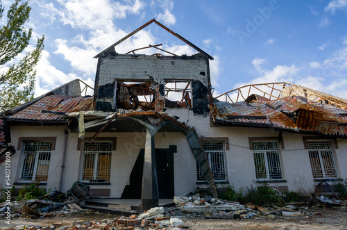 destroyed and burned houses in the city during the war in Ukraine