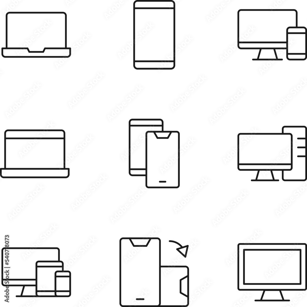 Collection of isolated vector line icons for web sites, adverts, articles, stores, shops. Editable strokes. Signs of laptop, phone, computer, auto turn, tablet Collection of isolated vector line icons for web sites, adverts, articles, stores, shops. Editable strokes. Signs of laptop, phone, computer, auto turn, tablet
