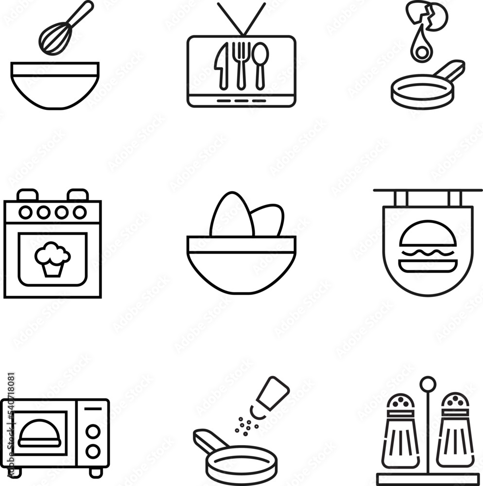 Collection of isolated vector line icons for web sites, adverts, articles, stores, shops. Editable strokes. Signs of mixer, culinary show, omelet, cake, eggs, burger, microwave Collection of isolated vector line icons for web sites, adverts, articles, stores, shops. Editable strokes. Signs of mixer, culinary show, omelet, cake, eggs, burger, microwave