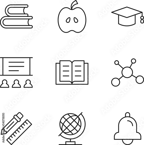 Collection of isolated vector line icons for web sites, adverts, articles, stores, shops. Editable strokes. Signs of books, apple, academic square cap, auditorium, lesson photo