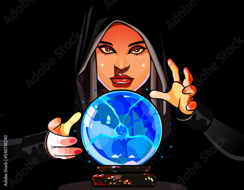 cartoon beautiful woman fortune teller with crystal ball