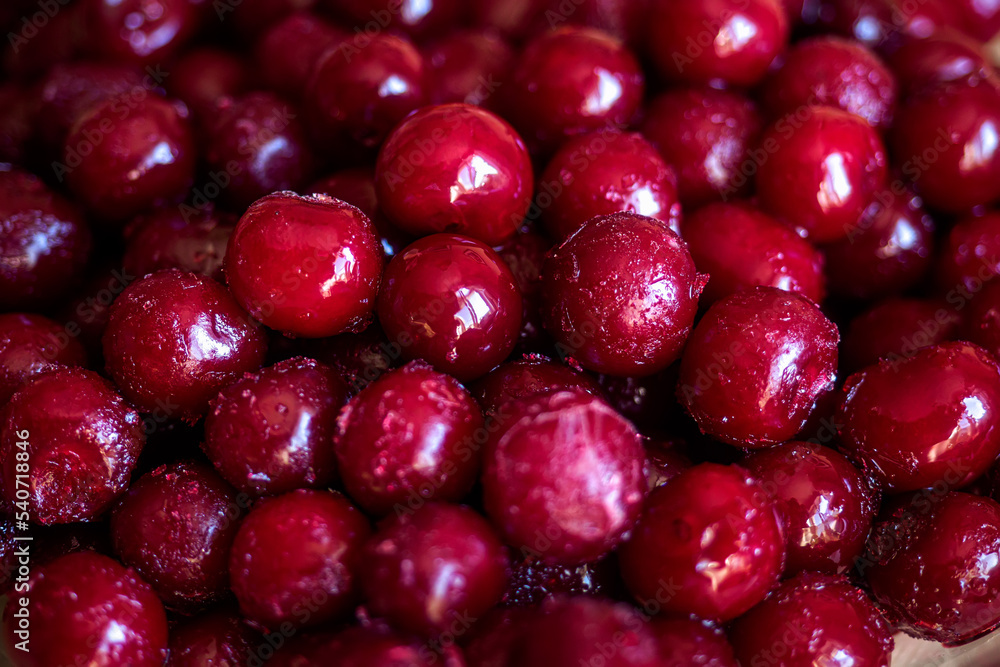 Frozen red cherry. Juicy ripe berry. View from top. Background full frame. Frozen red cherry. Juicy ripe berry. View from top. Background full frame.