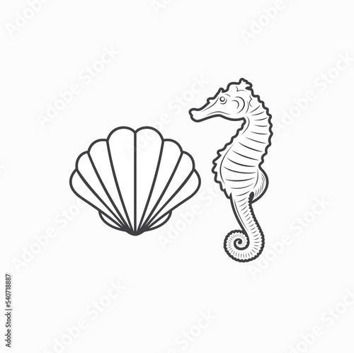 illustration of shell and seahorse, vector art.