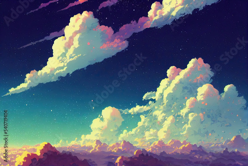 Sky Panorama Evening with Relaxing Clouds. Japanese Anime Style Beautiful Atmosphere Background.