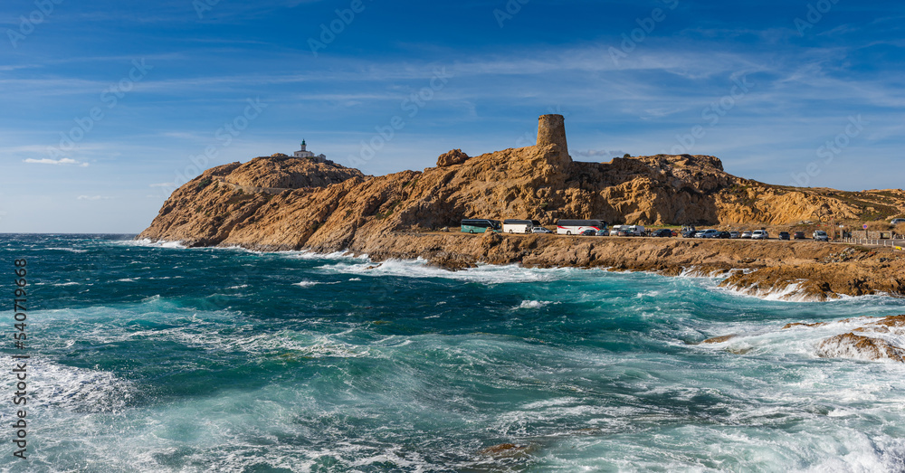 L'IleRousse, Corsica, France stormy weather with waves in the port of