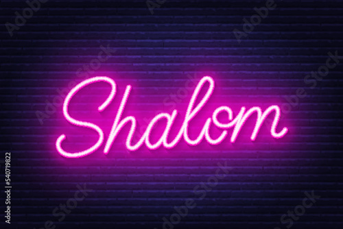 Shalom neon sign on brick wall background.
