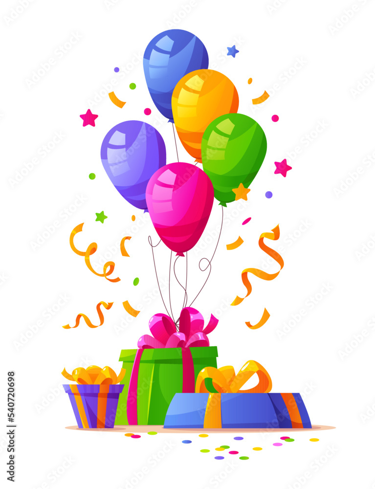 Bright festive poster with balloons and gifts isolated on white. Greeting card or banner festive concept. Vector illustration in cartoon style. Design template Happy birthday, background Celebration. Bright festive poster with balloons and gifts isolated on white. Greeting card or banner festive concept. Vector illustration in cartoon style. Design template Happy birthday, background Celebration.