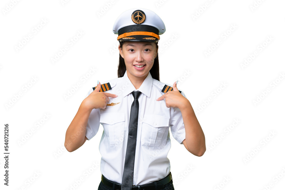 Airplane pilot Asian woman over isolated background with surprise facial expression Airplane pilot Asian woman over isolated background with surprise facial expression