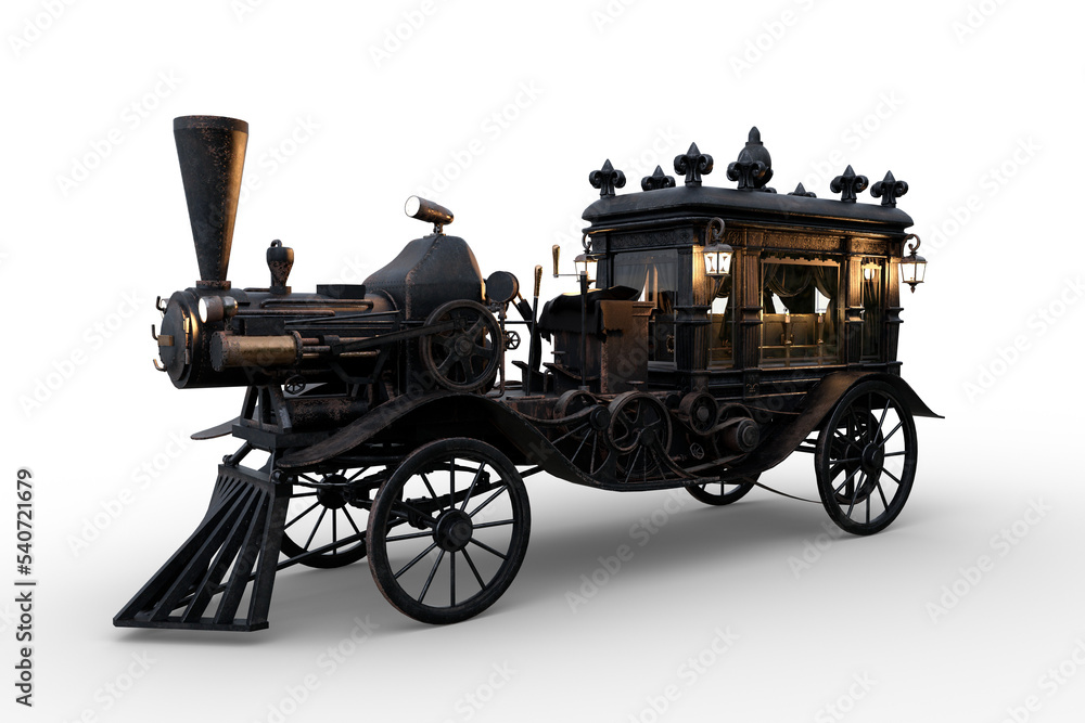Fototapeta premium 3D rendering of a Steampunk Halloween concept steam powered hearse with lanterns and candles lit isolated on a transparent background.