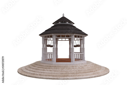 3D rendering of a summer gazebo with marble steps and a tiled roof isolated on a transparent background. photo